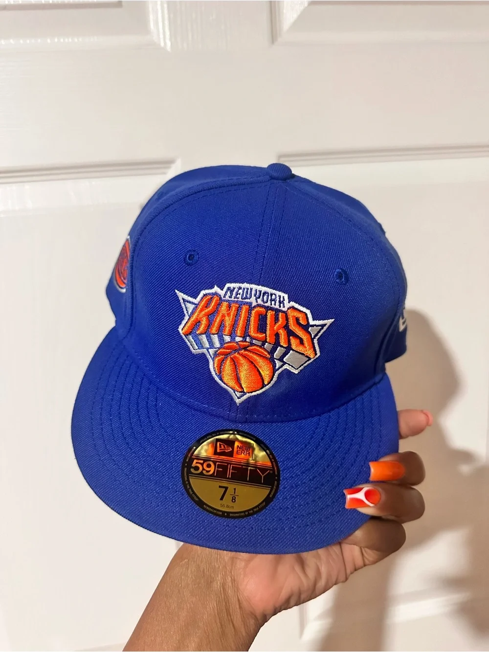 New Era Royal Blue New York Knicks Fitted Hat with Orange Logo